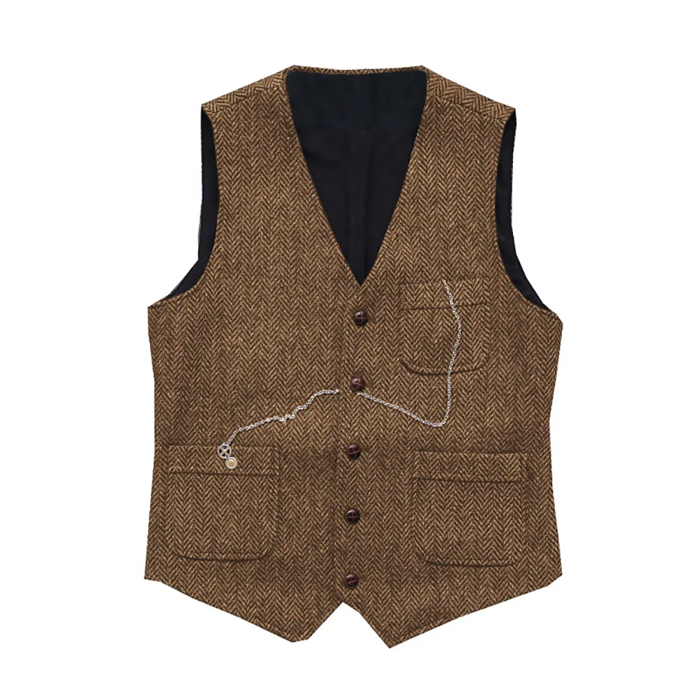 Men's Suit Formal V Neck Wool Green Herringbone Tweed Casual Waistcoat Formal Business Vest Groomman For Wedding