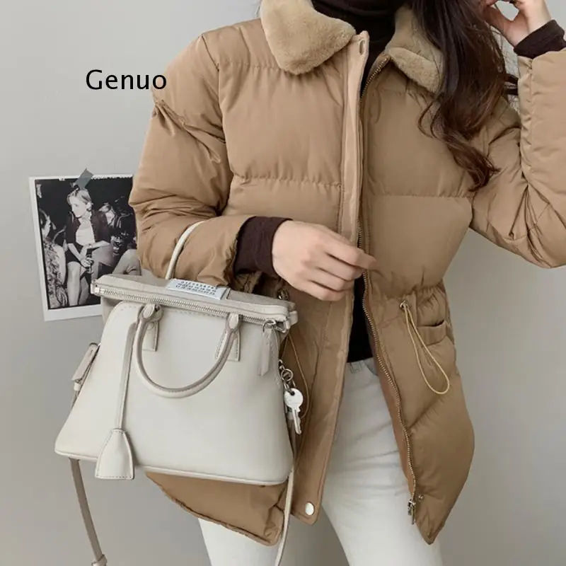 

New Winter Coat Women Formal Fur Collar Loose Casual Solid Bread Clothes Warm Cotton Padded Jacket Outwear Parkas