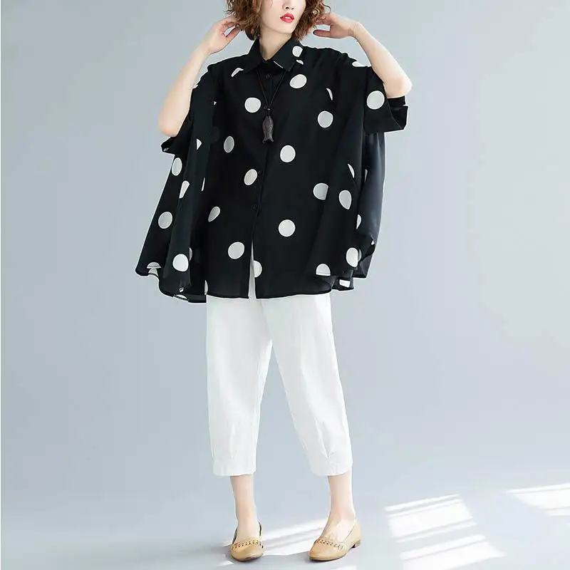 OverSized Polka Dot Chiffon Shirt Blouse Women Summer 2023 Casual Korean Batwing Sleeve Womens Tops and Blouses White Shirt