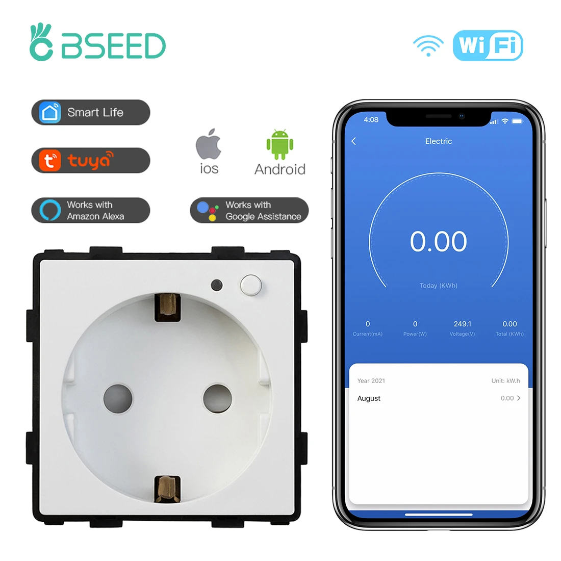 BSEED EU Standard Wifi Socket Smart Plug Function Part Only Power Monitor Timing Smart Home Alexa Voice Control  Bule Backlight