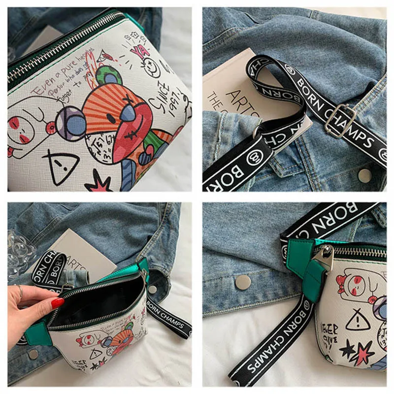 Cartoon Pattern Waist Bag Women\'s Leather Fanny Pack Handy Packs Banana Chest Bag Female Belt Bags Fashion Crossbody Pouch Purse