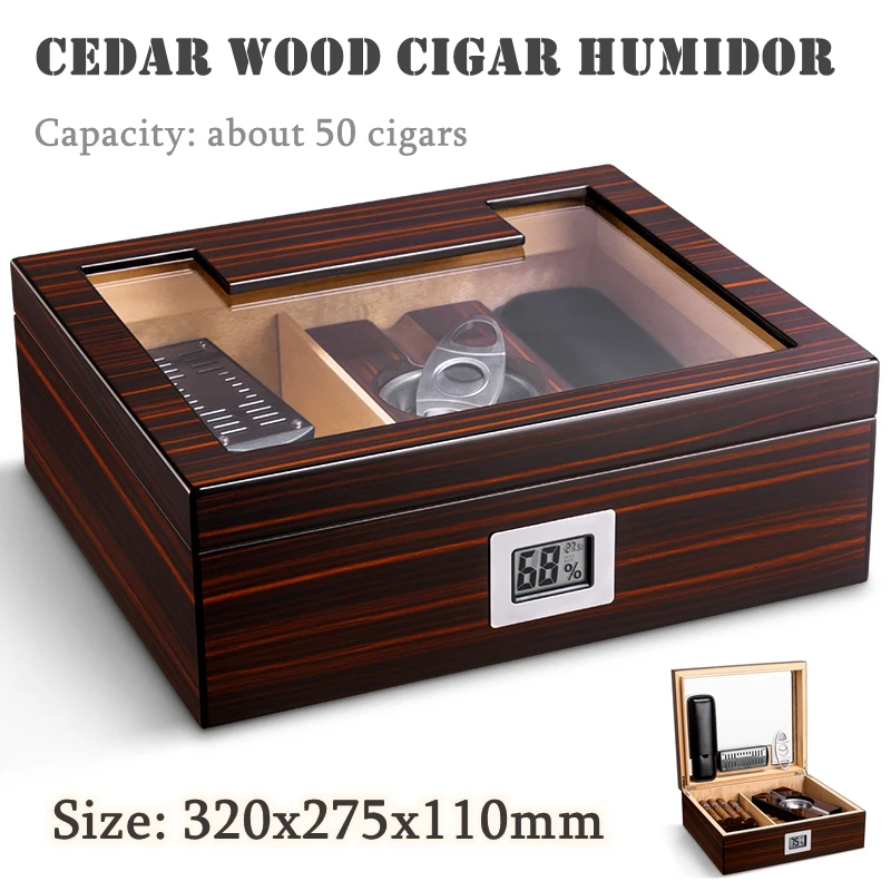 

320x275x110mm Cedar Wood Cigar Humidor Transparent Window Capacity 50 Cigars Case Set with Cutter Ashtray and Leather Case Gift