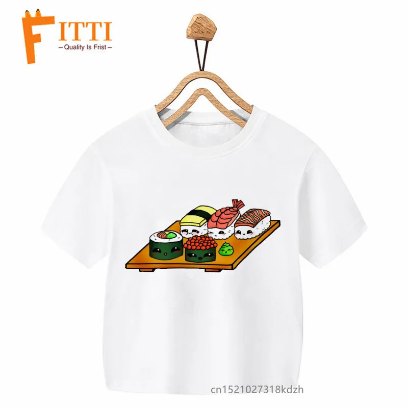 Happy Kawaii Sushi Japanese Cartoon  Print Boys/Girls White T-shirt Kid Summer Funny Clothes Little Baby Y2K Clothes,Drop Ship