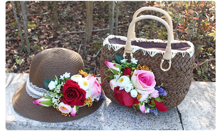 Women Summer Beach Rattan Handbag Colorful Artificial Flower Weave Straw Tote Handbag and Hat Suit Bohemia Style Holiday Casual