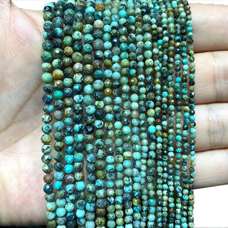 Fine 100% Natural Stone African Turquoise Faceted Gemstone Round Spacer Beads For Jewelry Making  DIY Bracelet Necklace 2/3/4MM