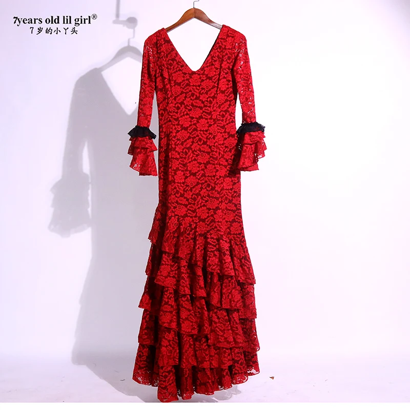 7years Old Lil Girl 2022 New Spanish Flamenco Dance Dress Practice Skirt Wear Women DTT60