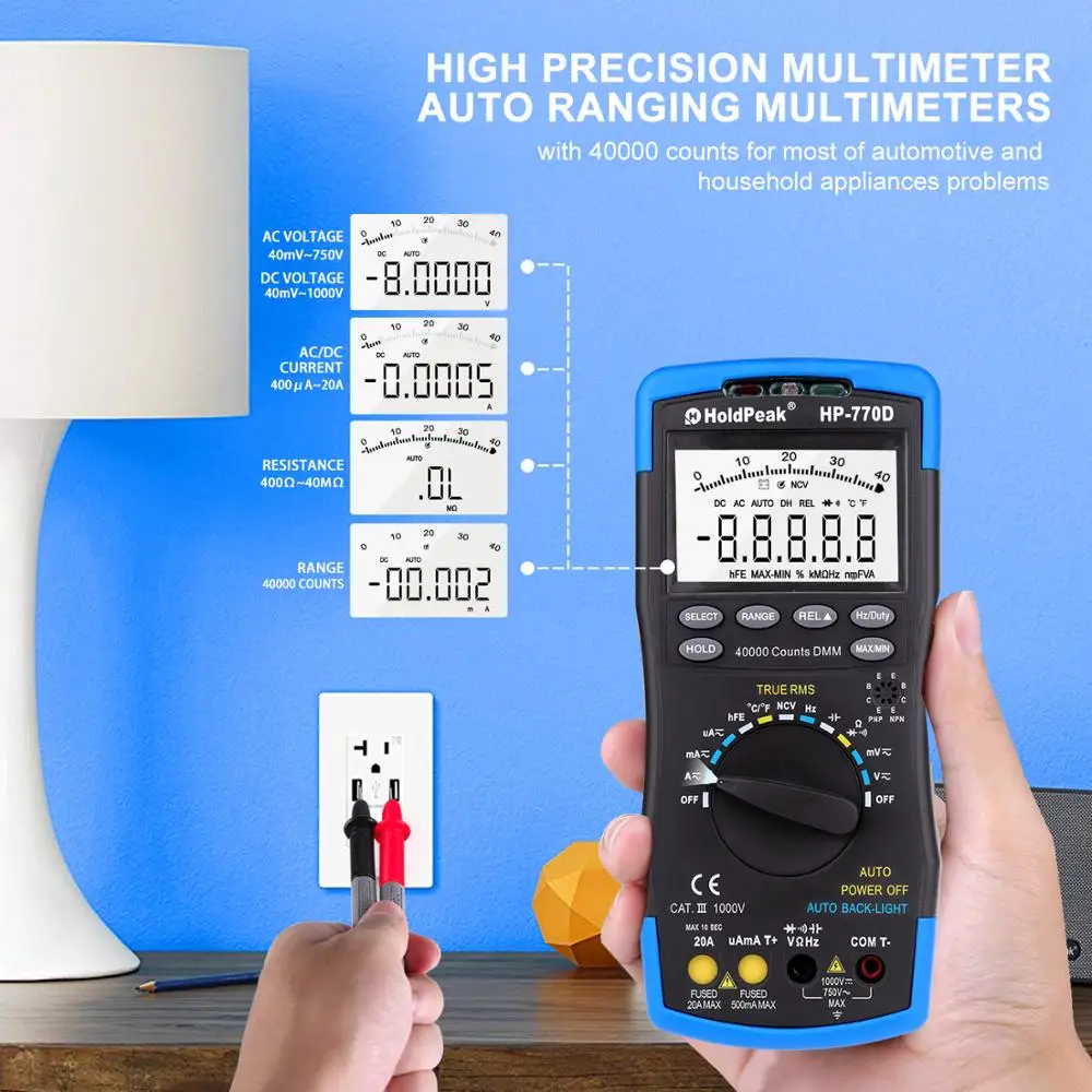 HoldPeak Digital Multimeter HP-770D High-Accuracy Auto Range True RMS 40000 Counts NCV AC DC Voltage Current Ohm Tester