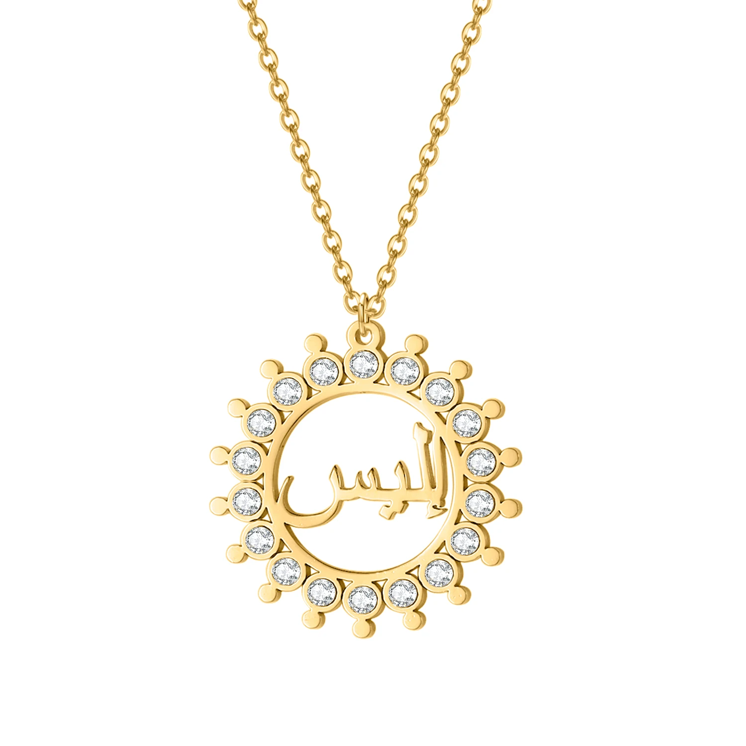 

Custom Arabic Name Necklace Crystal Iced Out Personalized Letter Pendant Gold Chain Stainless Steel Jewelry For Women Gift