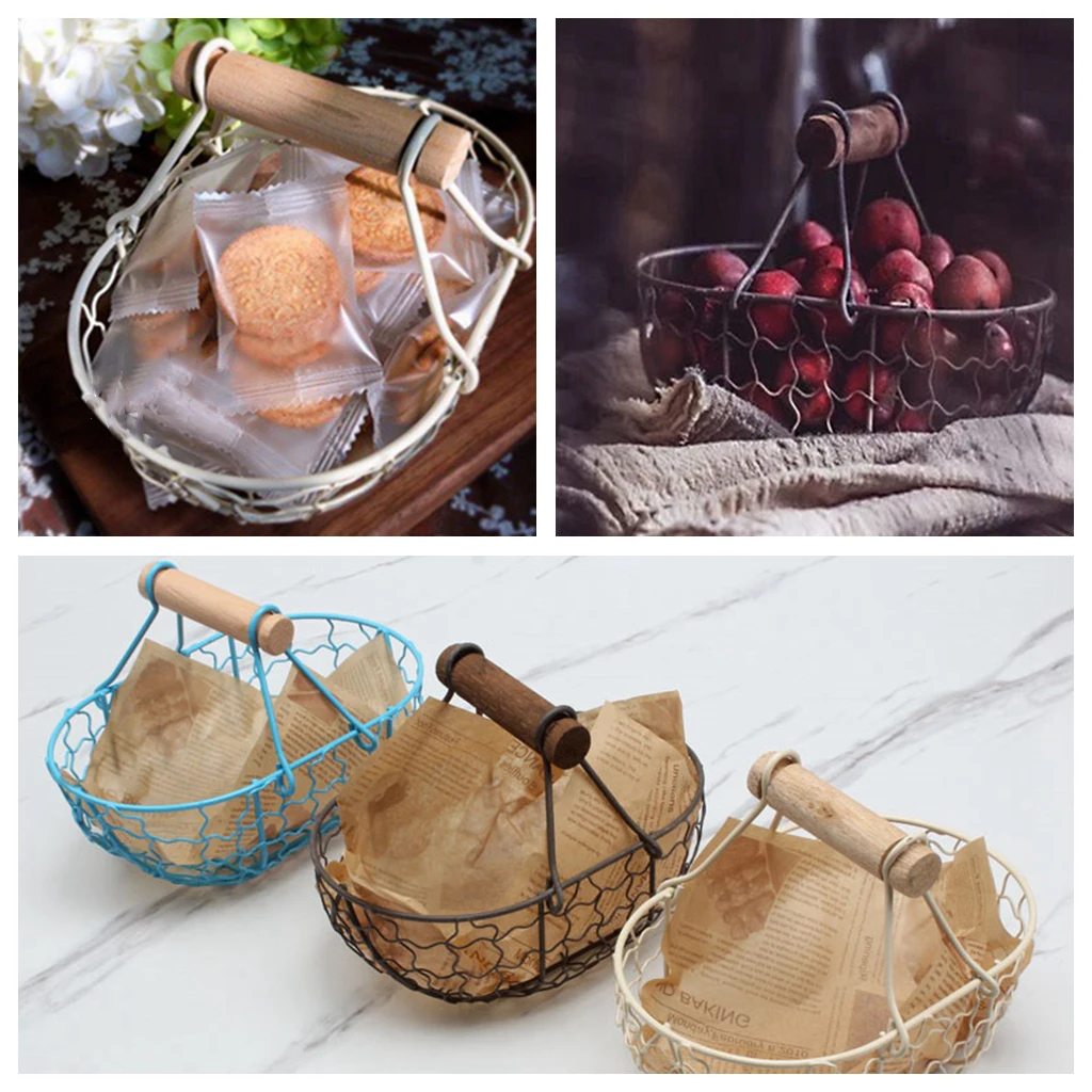 Wooden Handle Metal Retro Basket Portable Bread Vegetable Fruit Egg Serving Storage Basket with Handle Tray for Kitchen