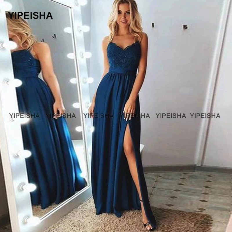 Yipeisha Spaghetti Straps Bridesmaid Dress with Slit Floor Length Chiffon Appliqued Maid of Honor Dresses Wedding Guest Gown