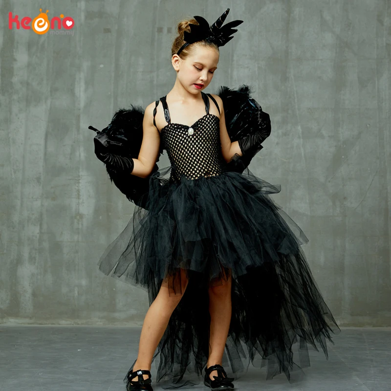 Halloween Black Devil Unicorn Dress High-Low Style Handmade Girls Tutu Dress Kids Fallen Dark Angel Fancy Party Carnival Costume