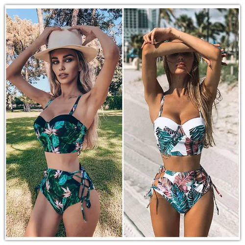 Traje de baño de cintura alta, novedad de 2025, Bikinis con estampado de hojas, traje de baño para mujer, traje de baño Retro Vintage, Bikini con cuello Halter, Maillot de baño para mujer