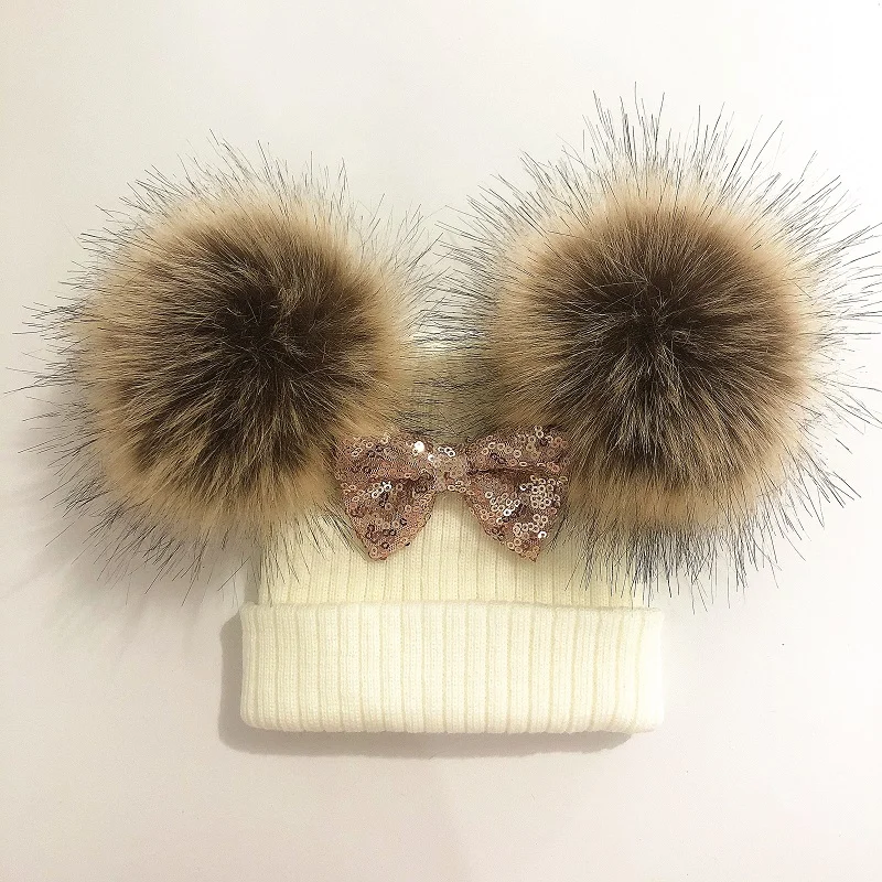 Baby Girl Knit Glitter Bow Knot Double Pompom Hat Faux Fur Winter Cap For Kids Children Beanie Bonnet