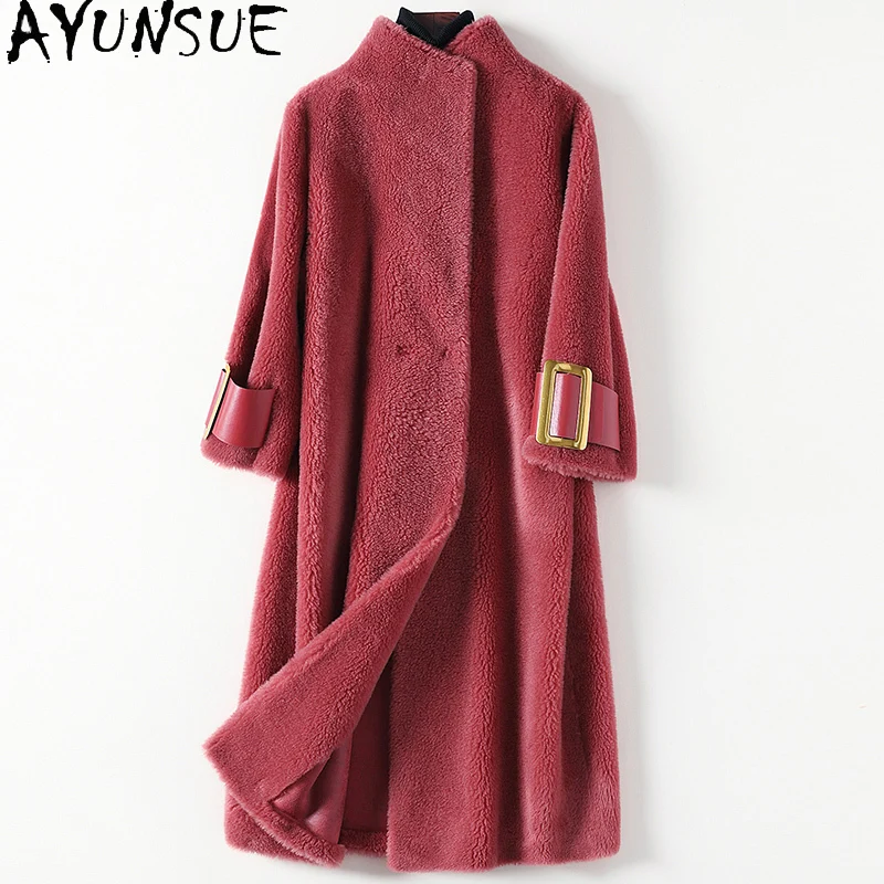 

AYUNSUE 100% Real Sheep Shearling Coat Female Spring Autumn 2021 Elegant Long Wool Jackets Women's Fur Coat Manteau Femme Gxy361