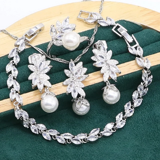 Popular Pearl and Rhinestone Bracelet, Earrings and Ring