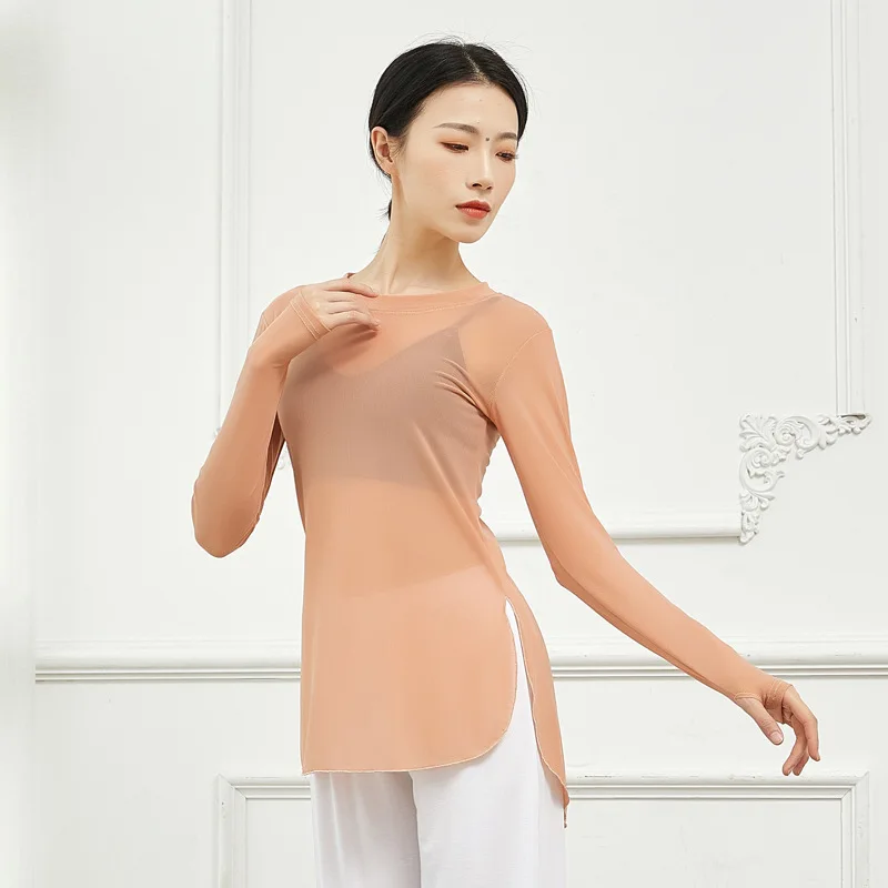 Blusa de malla transparente para mujer, traje de bailarina de danza Oriental latina, camisa de baile