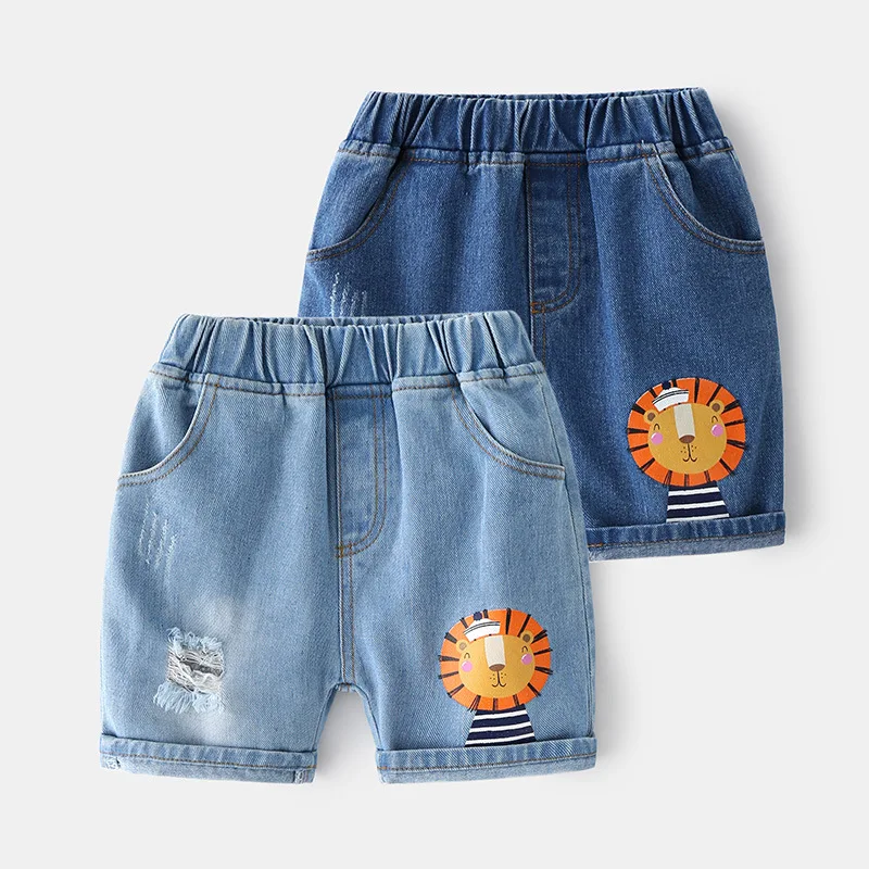 

New 2021 Kids Summer Denim Shorts Boys Fashion Cartoon Lion Print Ripped Denim Shorts Children Casual Jeans Short Pants Trousers