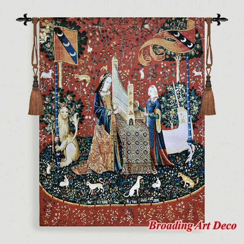 HEARING - The Lady & the Unicorn Medieval Tapestry Wall Hanging Jacquard Weave Gobelin Home Art Decoration Cotton 100% 139*109cm