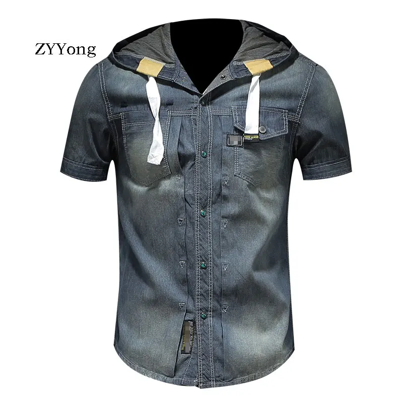 Summer European Style Cotton Hooded Bomber Short Sleeve Blue Thin Denim Shirt Men Jean Coat Streetwear Fashion Cowboy Clothing