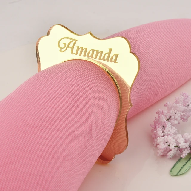 Personalized Engraved Acrylic Mirror Napkin Ring Wood Place Name Card Wedding Party Table Decor 20Pcs