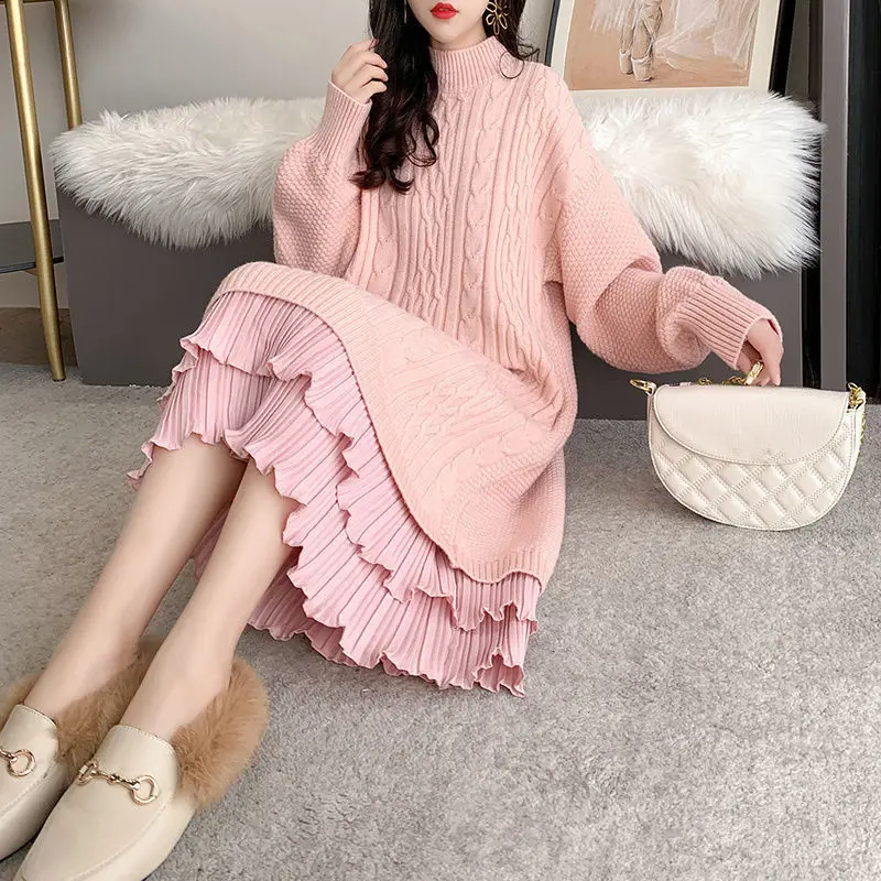 Autumn Winter Ladies Long Sleeve Sweater Ruffle Dress Mid-Length 2021 New Style Women\'s Knitted Base Dress Loose Jumper M771