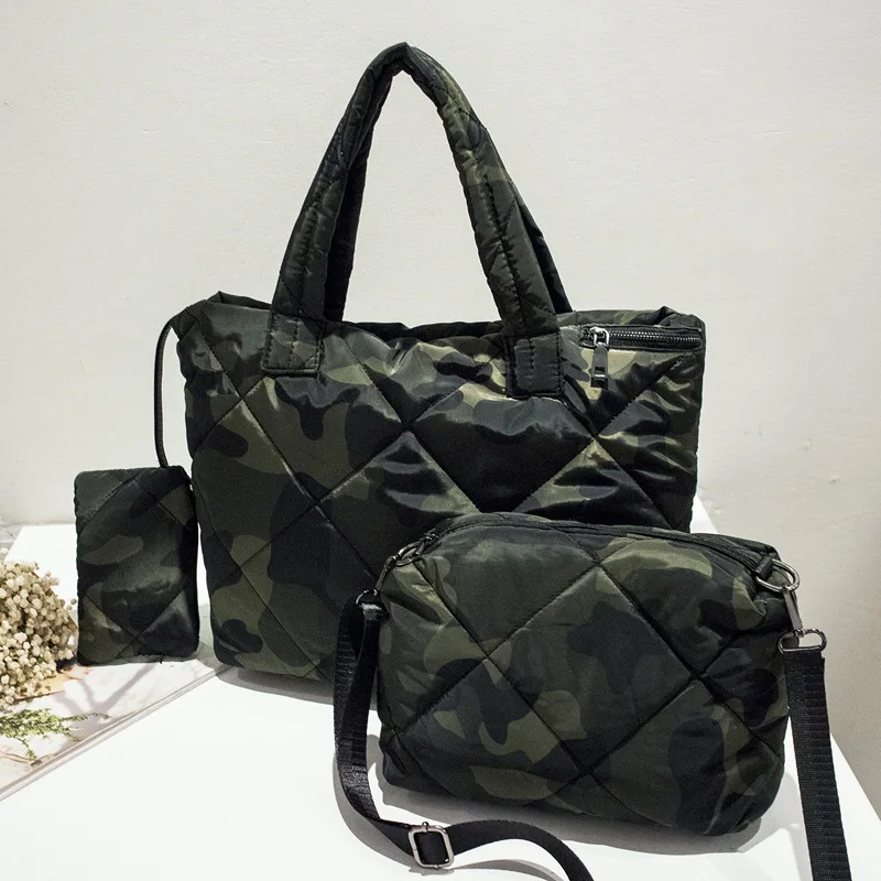 Lingge-Bolso grande de algodón con camuflaje para mujer, bolsa de hombro de diseñador, bolso de mano y monedero grande, bolsa de espacio acolchada para invierno, 3 unidades