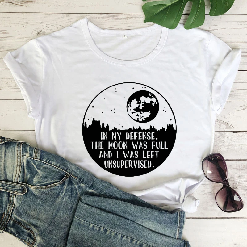 In My Defense The Moon Was Full T-shirt Fashion Women Graphic Witchy Tee Shirt Top Funny 90s Short Sleeve Witch Black Tshirt