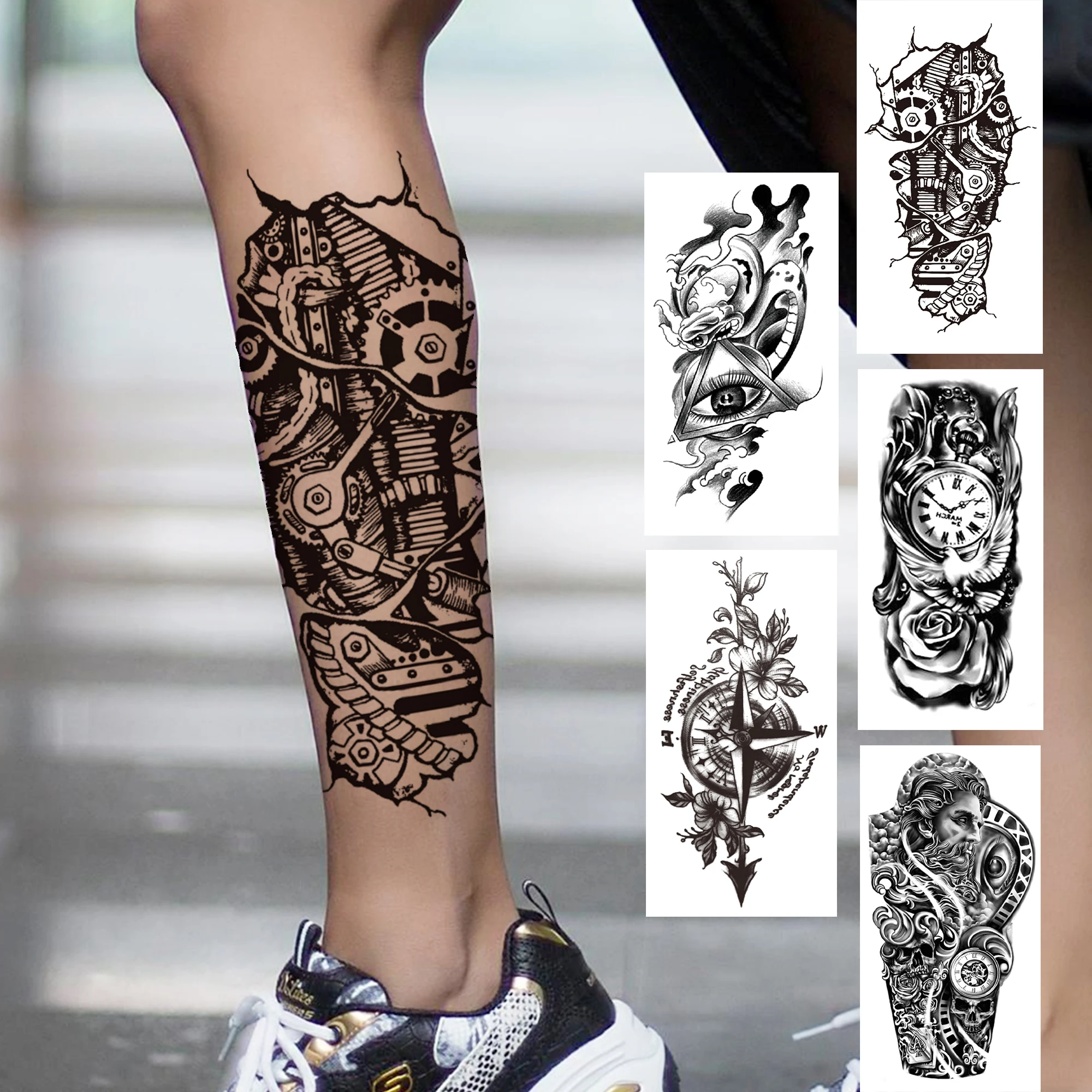 Tatuajes temporales de maquinaria 3D para mujeres y hombres, tatuaje de brújula de flor negra para adultos, pegatina de tatuaje de ojo falso del