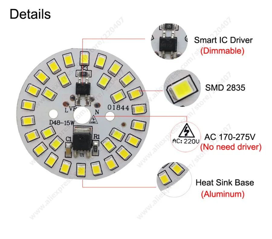 10PCS 3W5W7W9W12W15W AC220v led pcb with integrated IC driver welded 15cm wire/JST  driverless aluminum plate board diy for bulb