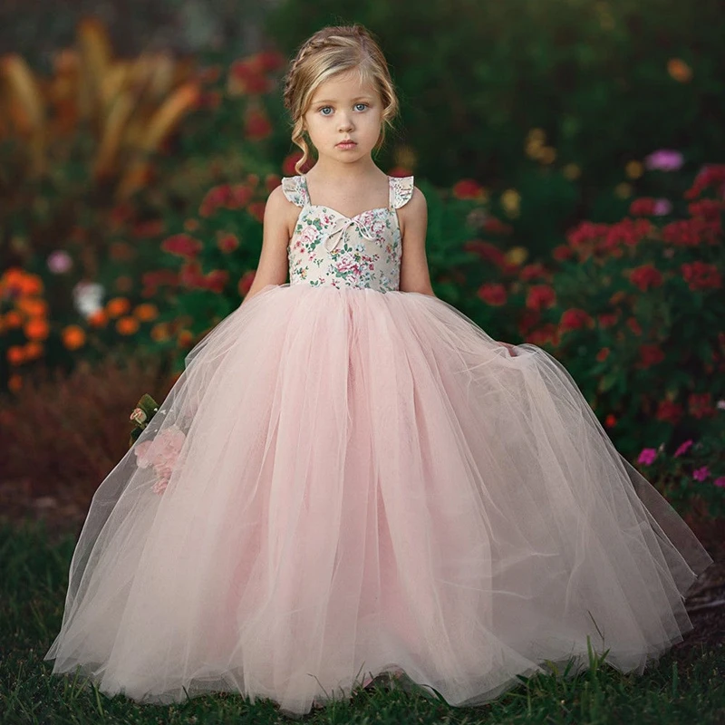 Baby Kids Girl Eegant Lace Mesh Tutu Dress Birthday Party Long Dresses Summer Girls Floral Dress