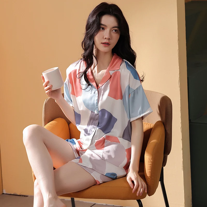 

Summer Satin Silk Women Sleepwear Short Sleeve Turn-down Collar Female Pajamas Set Casual Soft Girls Homewear