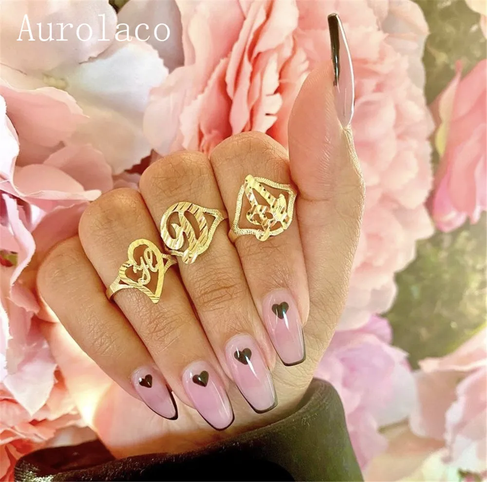 

AurolaCo Custom Name Rings Personalized Initial Letter Rings Hip Hop Ring for Women Custom 3D Letter Ring Gifts