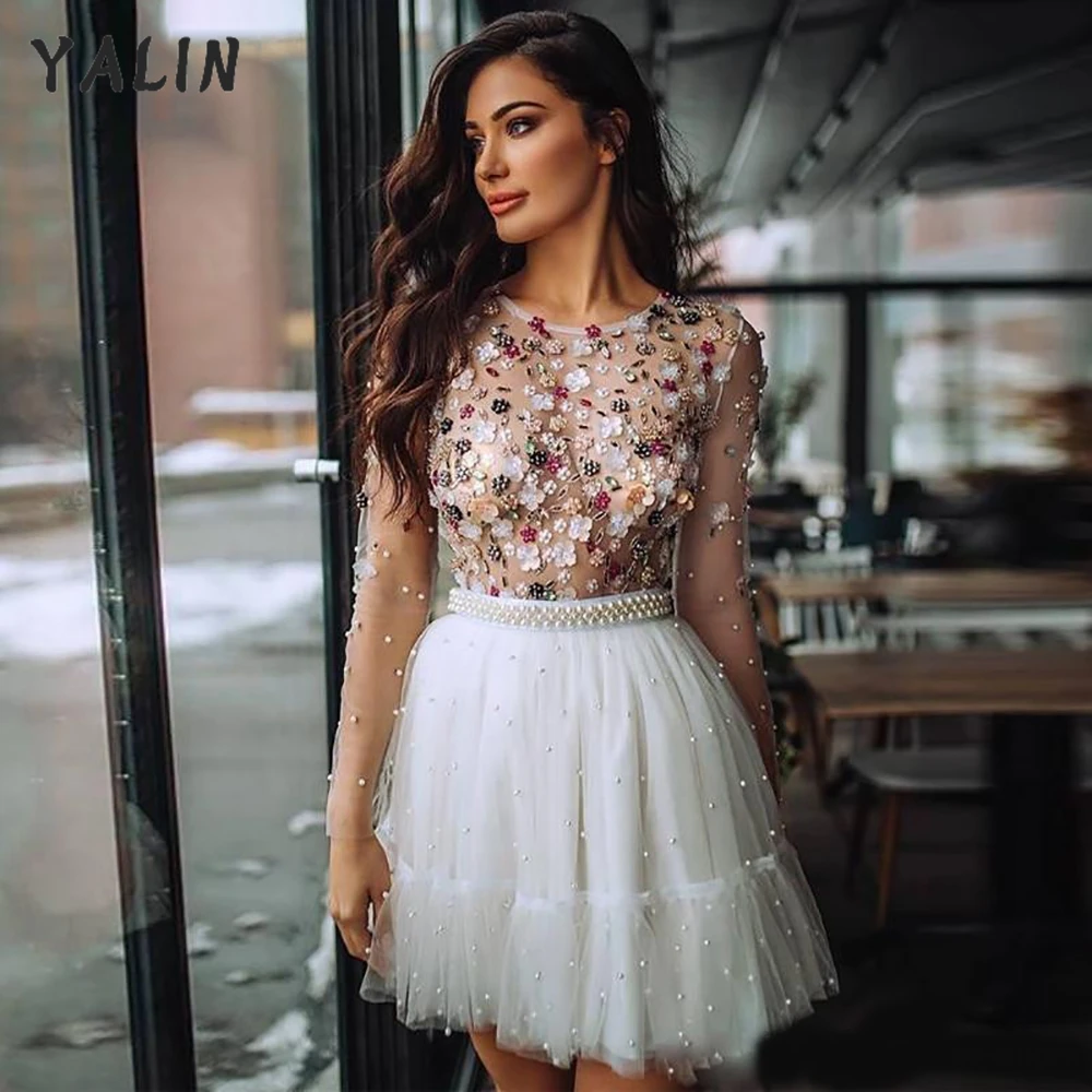 YALIN Pha Lê Đính Hạt Homecoming Áo Cổ Tròn Tay Dài Sinh Nhật Đầm Ngắn Thanh Lịch Vũ Hội Đồ Bầu Vestidos De Fiesta