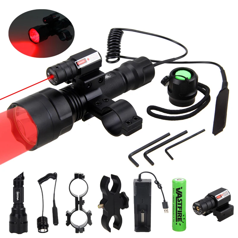 

C8 Tactical Hunting Flashlight Rifle Airsoft Armas Light+Laser Dot Sight+Switch+2*20mm Rail Barrel Mount+18650+Charger