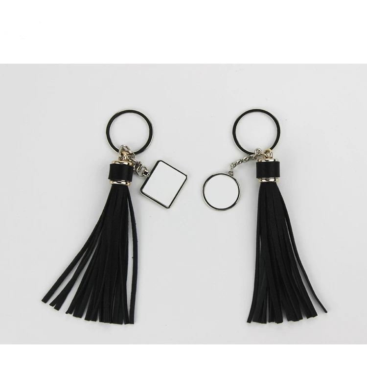 

sublimation blank black long tassels keychains square round key ring hot transfer printing consumables DIY gifts 15pcs/lot