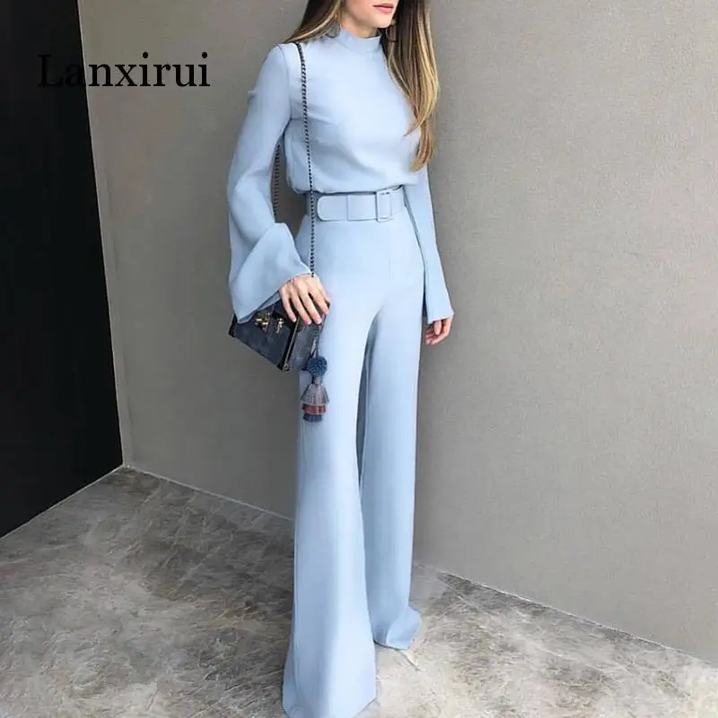 Spring Women Fashion Elegant Office Workwear Casual Jumpsuits High Neck Bell Sleeve Wide Leg Romper With Belt