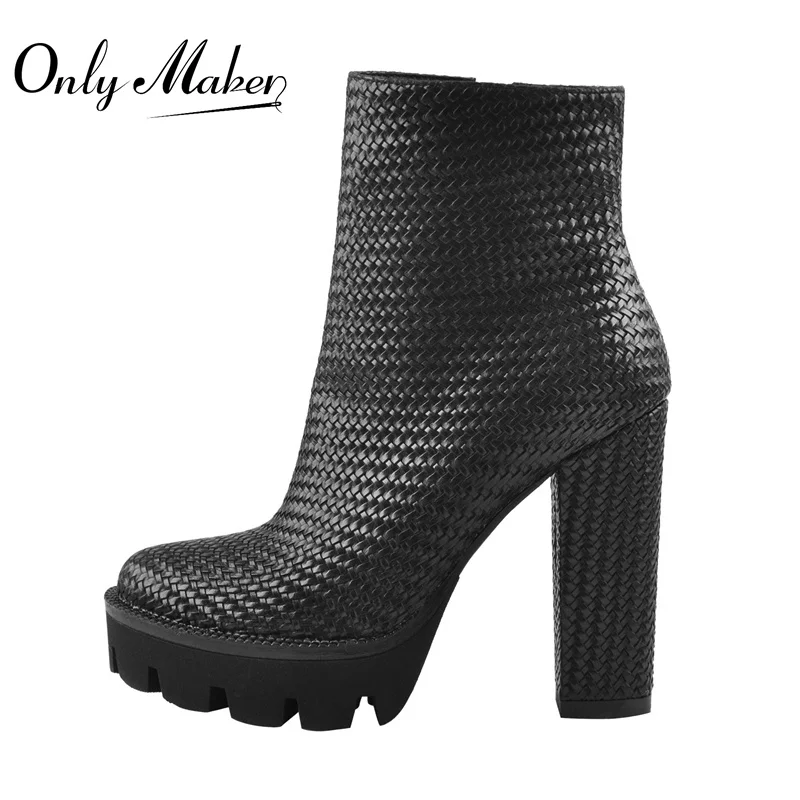 Onlymaker Women Weave Ankle Boots Platform Chunky High Heel Matte Black White Side Zipper Large Size Fashion Booties