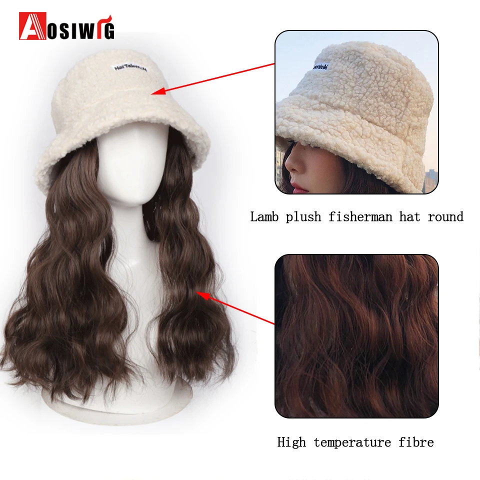 AOSI Synthetic Hat Wig Long Wavy Wig Fashion Autumn And Winter Lamb Hair Fisherman\'s Hat Ripple Wig Hat For Women