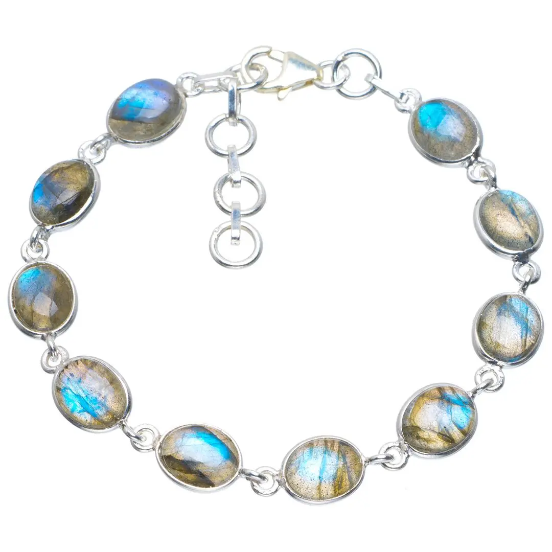 Natural Blue Fire Labradorite Handmade 925 Sterling Silver Bracelet 7-8