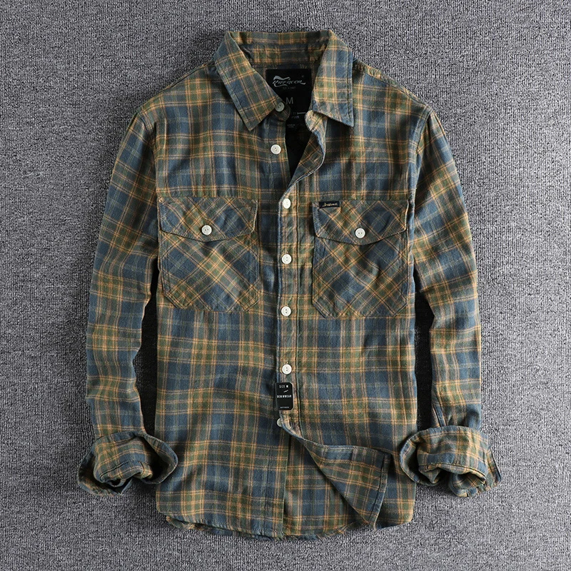 Autumn American Retro Tooling Plaid Shirt Men\'s Fashion Frosted Flannel Pure Cotton Washed Old Pocket Long Sleeve Casual Blouses