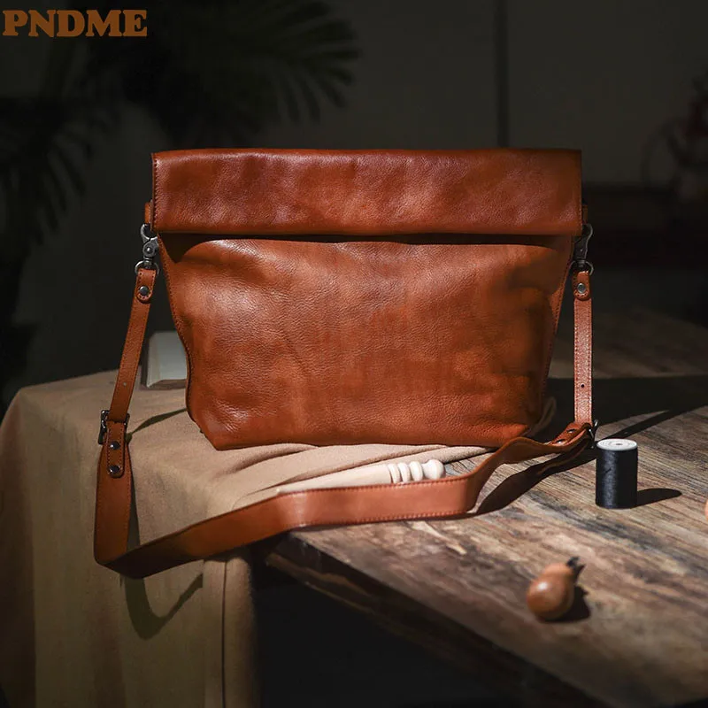 

PNDME designer original natural genuine leather men's messenger bag fashion daily real cowhide folding anti-theft shoulder bag