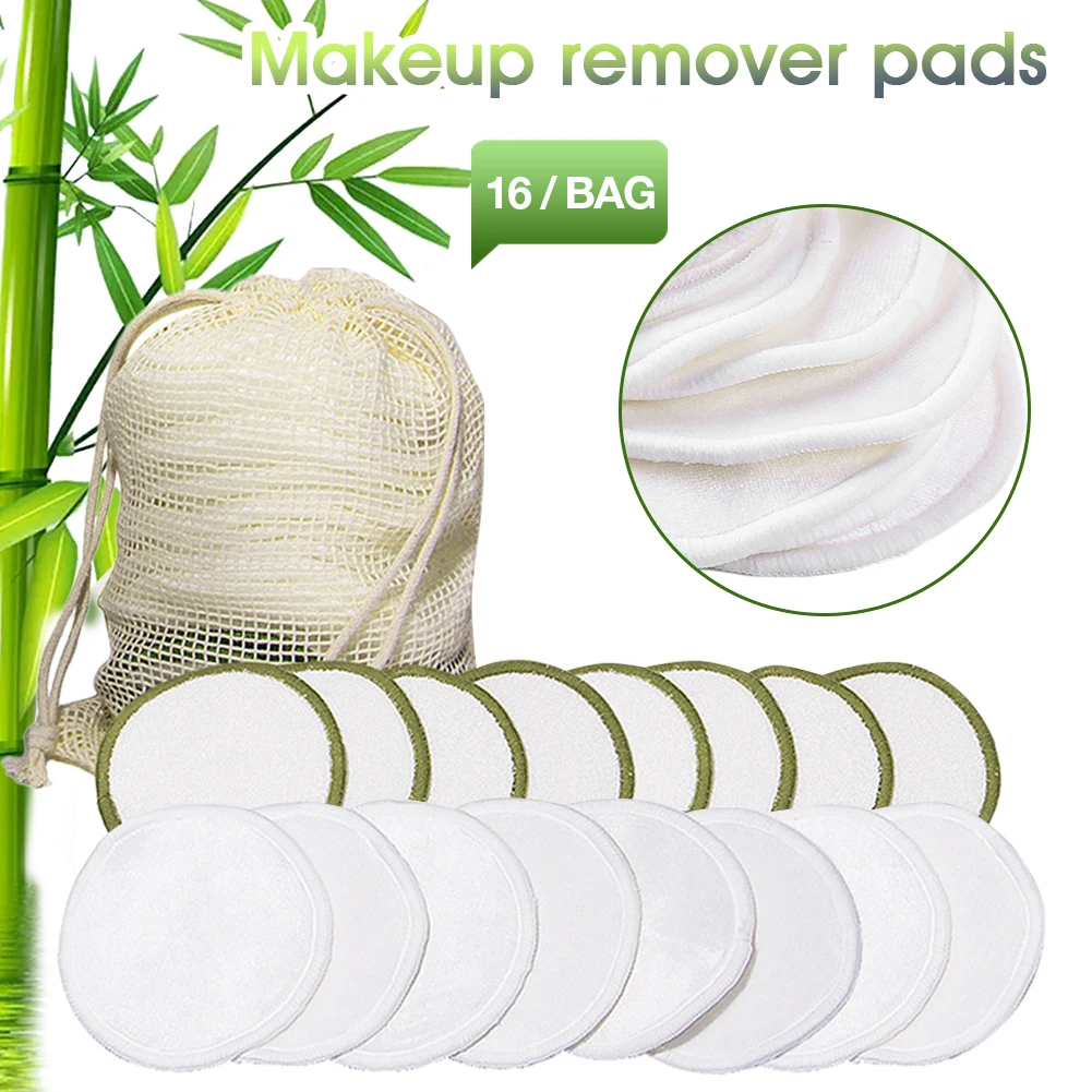 16Pcs Bamboo Cotton Makeup Remover Pads Reusable Soft Facial Clean Pads For Remove Lip Mascara Eye Shadow Lipstick Foundation