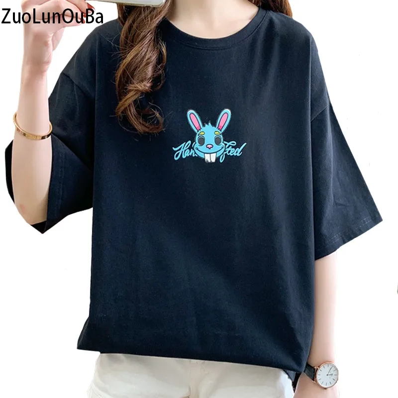 Zuolunouba เสื้อยืดผู้หญิงสำหรับฤดูร้อนเสื้อพิมพ์ลายการ์ตูนน่ารักหัวใหญ่กระต่ายเสื้อยืดผู้หญิงยาวปานกลางเสื้อสีดำลำลอง