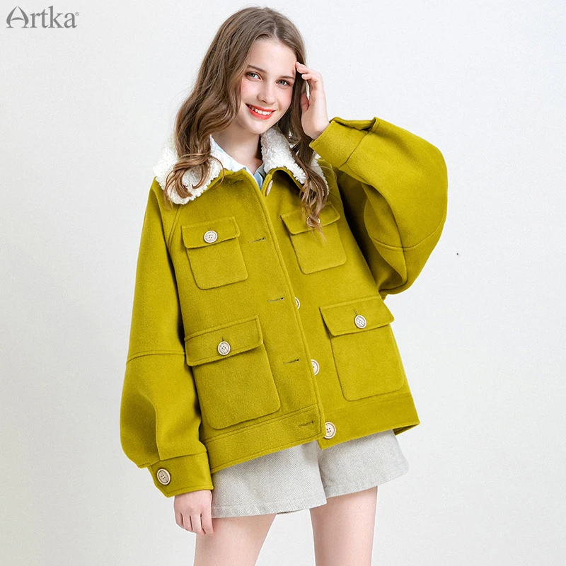 ARTKA – manteau en laine pour femme, veste épaisse, boutonnage simple, avec poche détachable, col en fourrure d'agneau, vêtements d'extérieur, nouvelle collection hiver 2019, WA10193Q