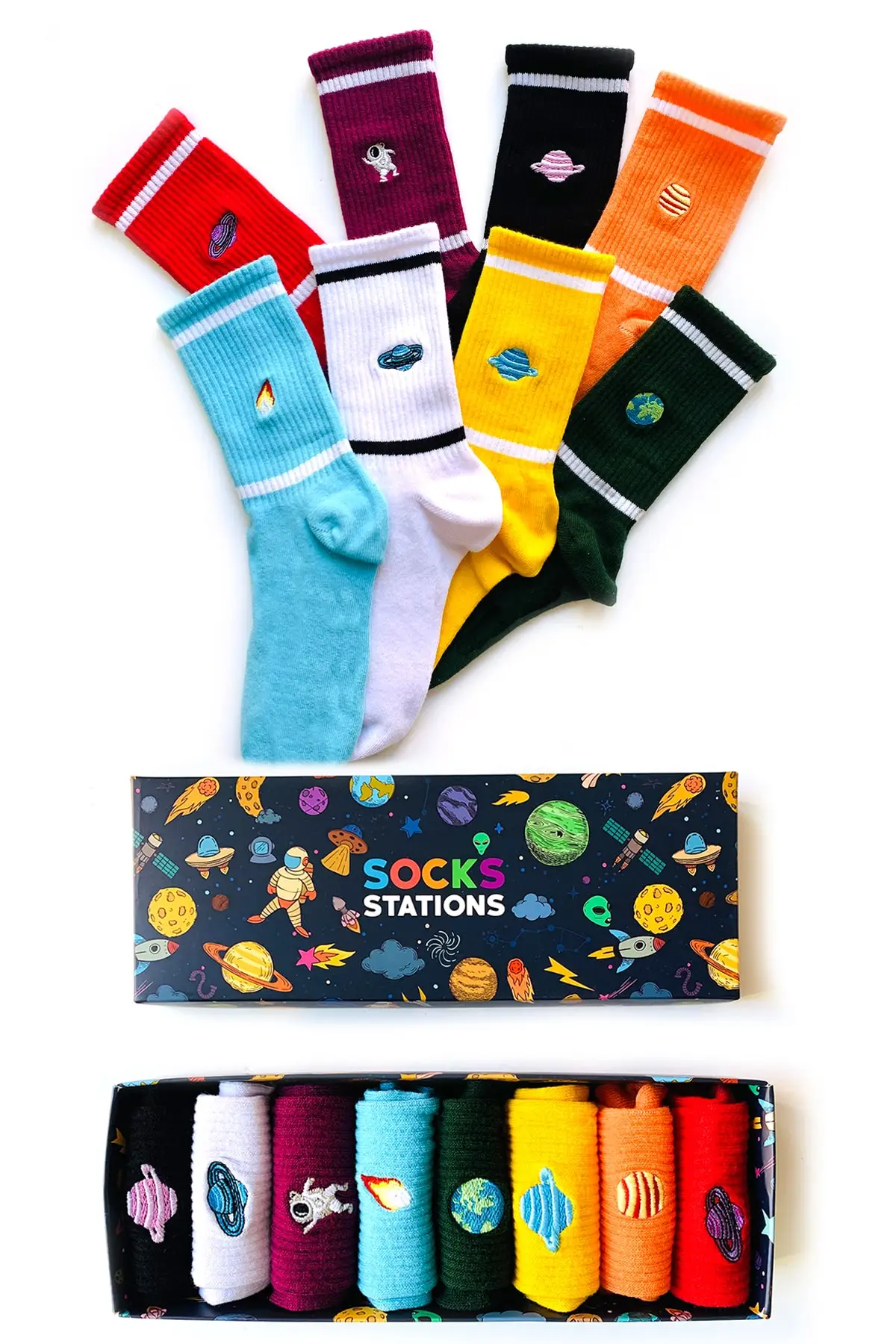 Unisex Colorful 8 grain Space Astronaut Embroidered Colorful Socks Box