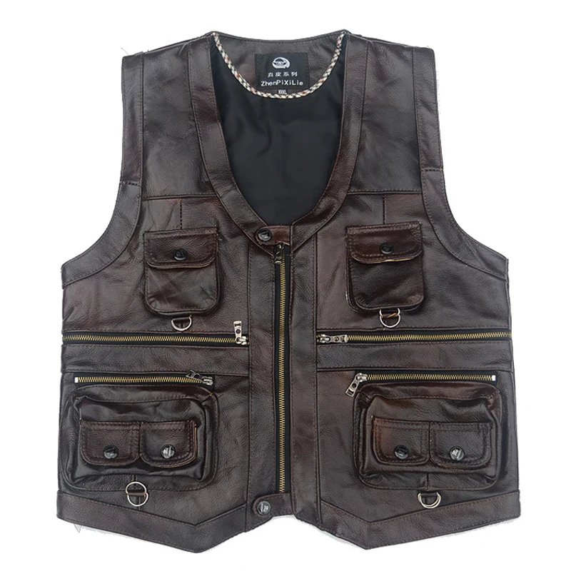 

GPCROSS Cowhide Genuine Leather Men Motorcycle Vest Motorbike Clothing Jacket Moto Rider Vest Sleeveless Classic Vintage