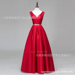 WYHS-105#Bridesmaid Dresses Long Evening Dress Red Wear a belt V-neck Women graduation gown Birthday party prom dress