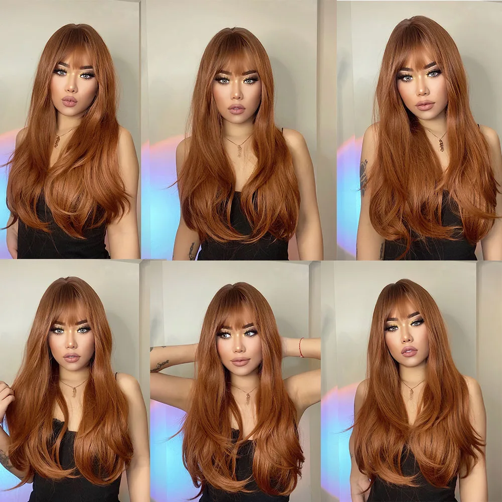 HENRY MARGU Ombre Red Brown Copper Ginger Long Synthetic Wig for Women Natural Wave Wigs with Bangs Heat Resistant Cosplay Hair