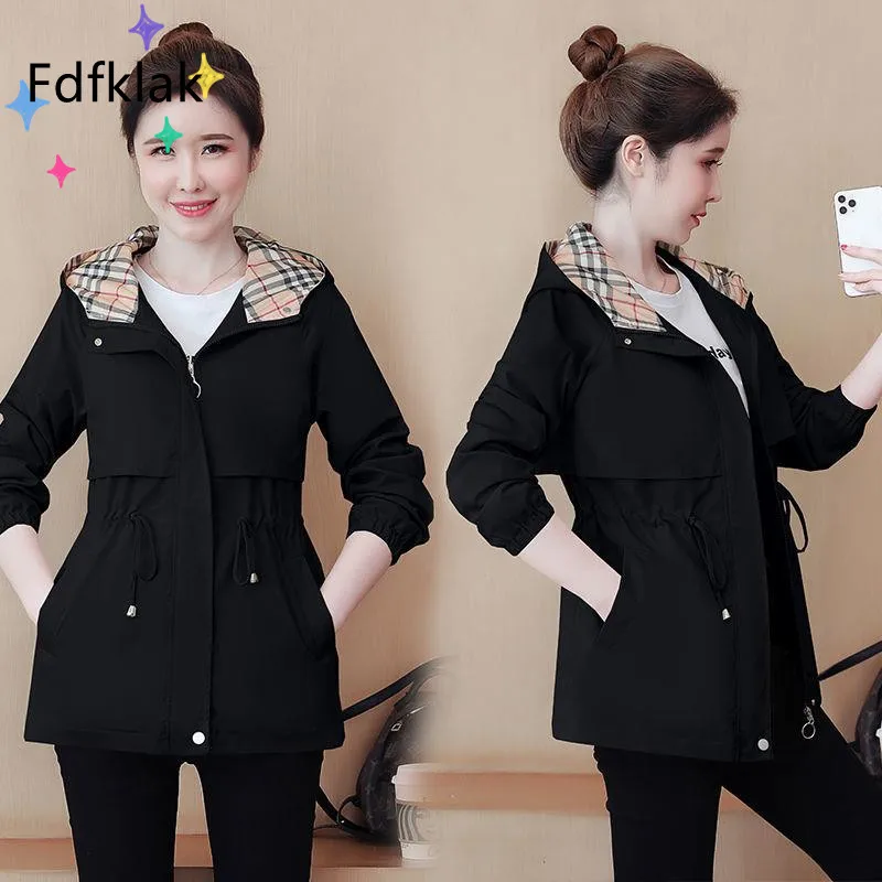 Fdfklak 3XL Plus Size Windbreaker Women Mid-Length New Spring Autumn Korean Waist Hooded Trench Coat Loose Zipper Jacket