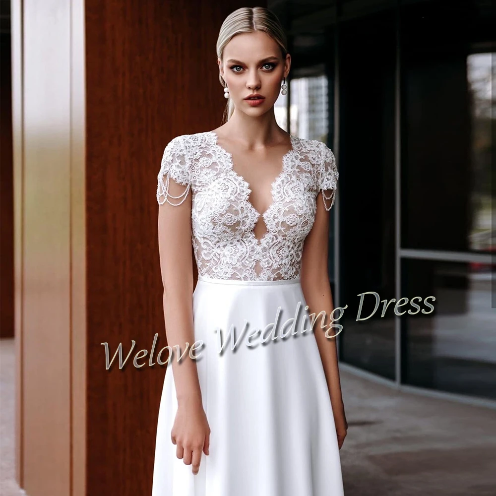 Einfache Weiß Chiffon Bodenlangen Böhmischen Hochzeit Kleid Für Braut Kurzen Ärmeln Illusion Button Zurück Zivil Brautkleider